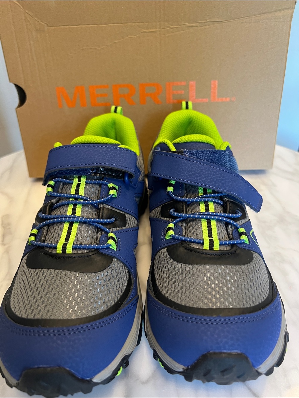 Merrell Kids Blue and Gray Sneakers with Neon Yellow-Green Accents